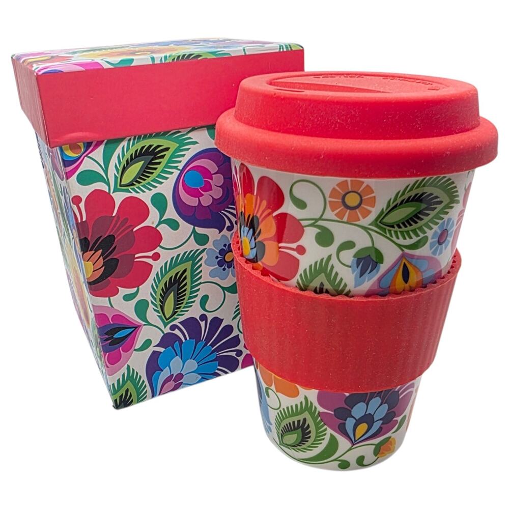Folkstar Polish Folk Art Travel Mug Thermal Coffee Cup Łowicz Floral Bamboo Eco